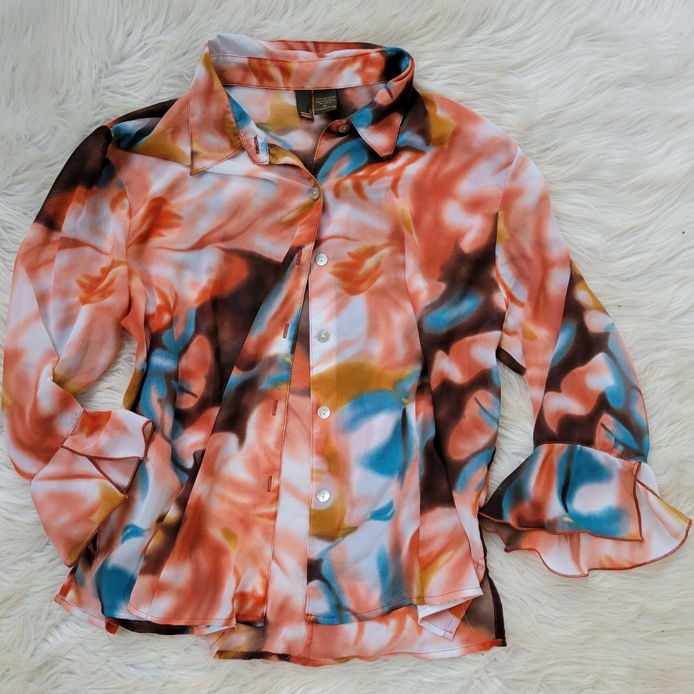 Funky Retro Semi Sheer Split Bell Sleeve Top XL